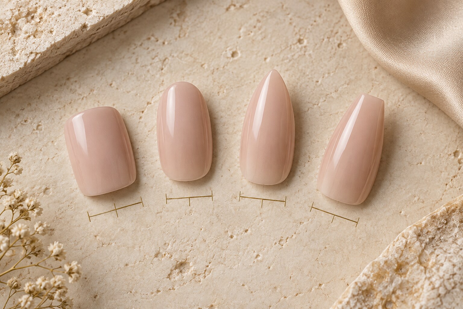 Four different nude nail shapes shown side by side